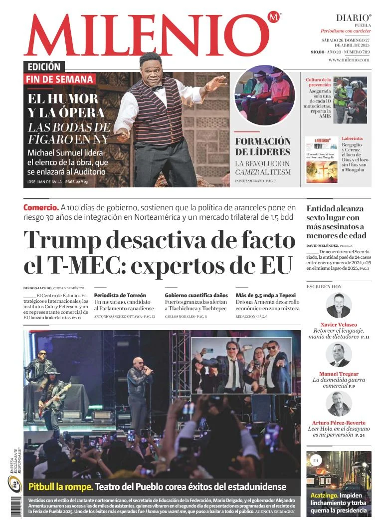 Portada de Milenio Puebla del sábado, 26 de abril de 2025