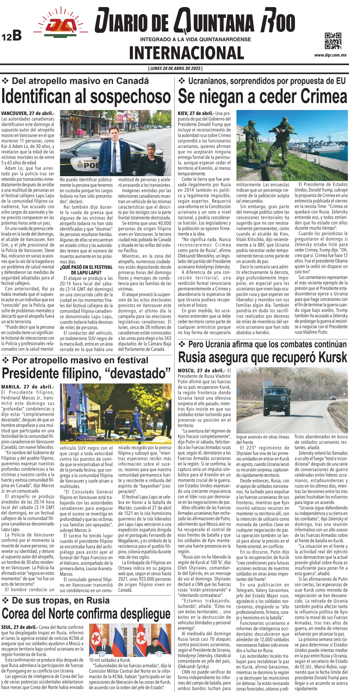 Portada de Diario de Quintana Roo (contra Portada)