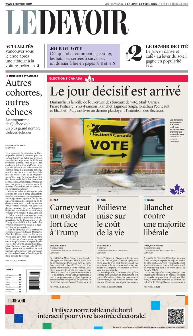 Portada de Le Devoir del lunes, 28 de abril de 2025