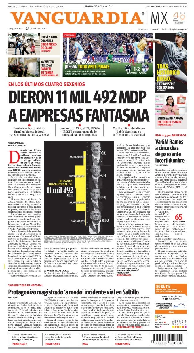 Portada de Vanguardia del lunes, 28 de abril de 2025
