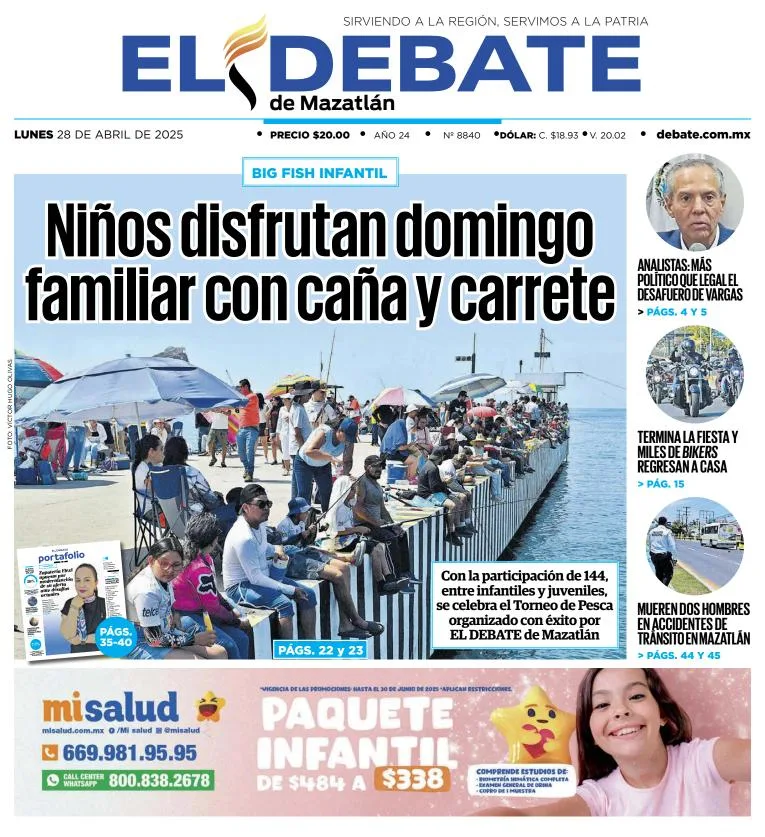 Portada de El Debate de Mazatlan del lunes, 28 de abril de 2025