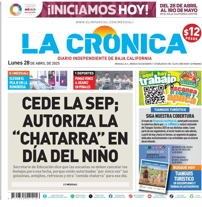 Portada de La Cronica del lunes, 28 de abril de 2025