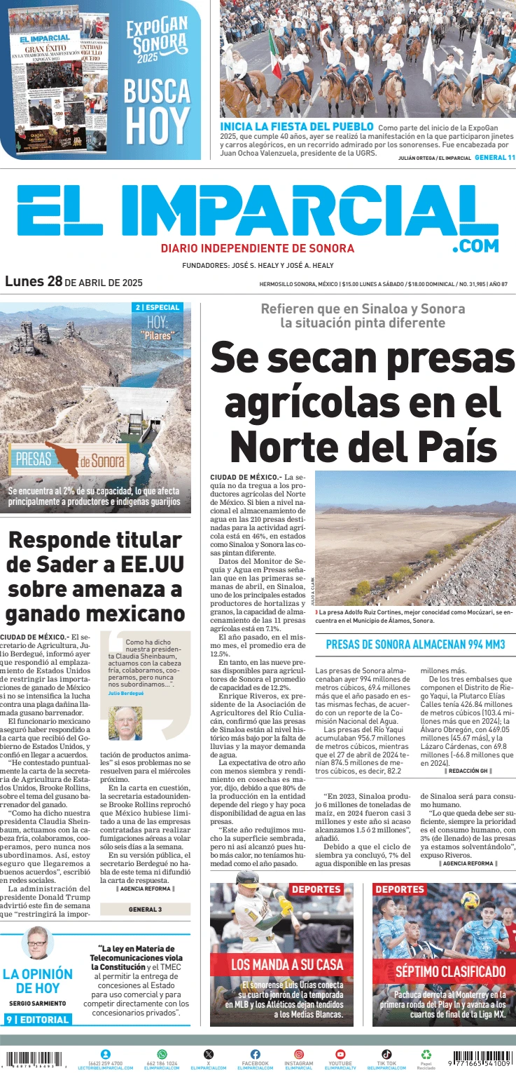 Portada de El Imparcial del lunes, 28 de abril de 2025