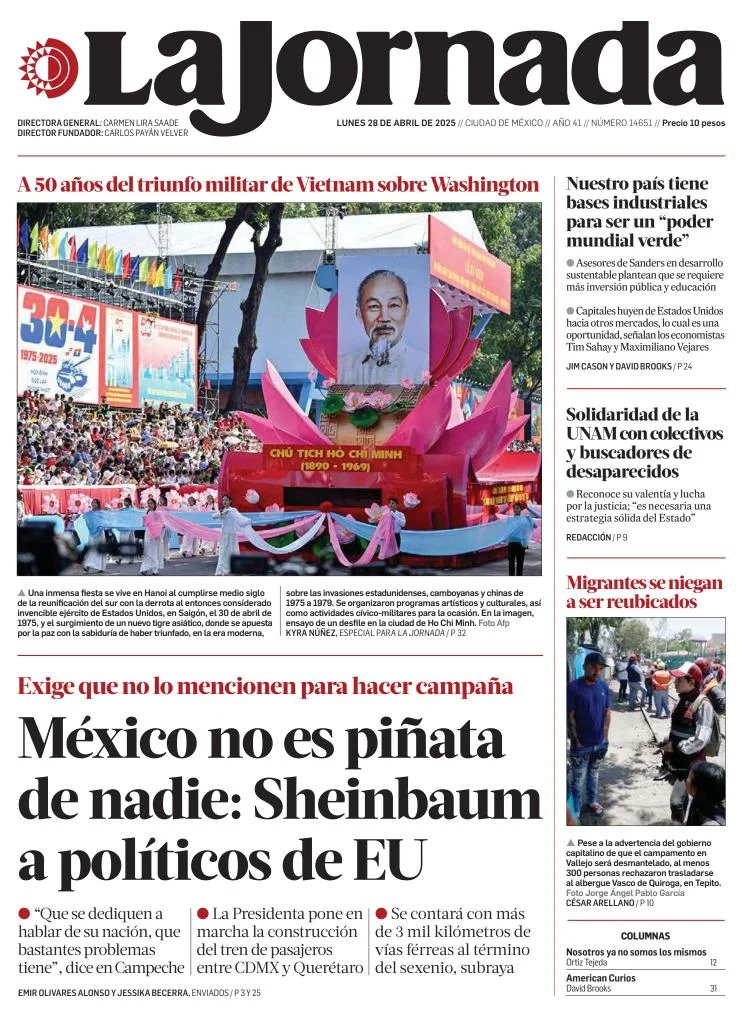 Portada de La Jornada del lunes, 28 de abril de 2025