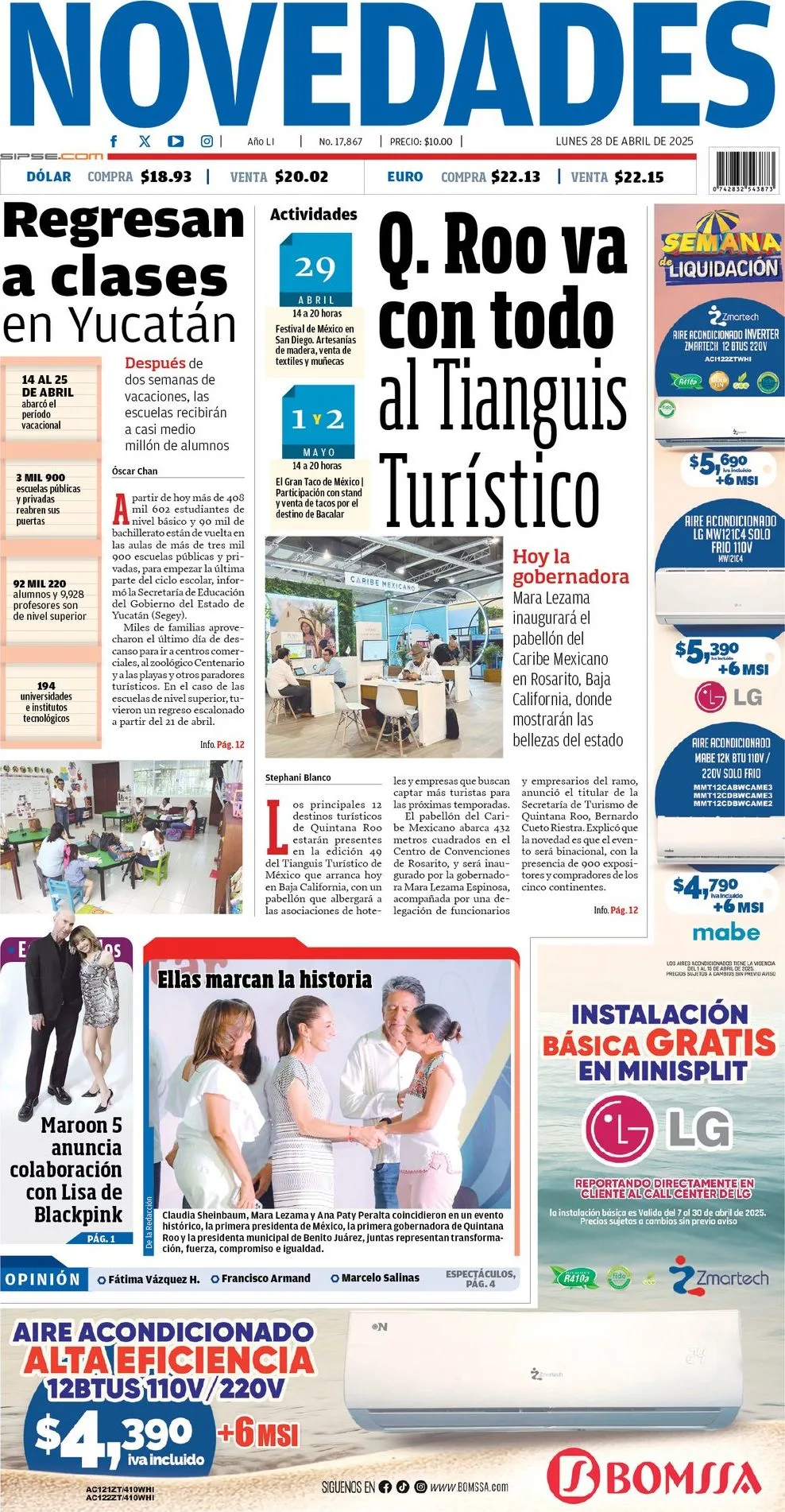 Portada de Novedades Quintana Roo del lunes, 28 de abril de 2025