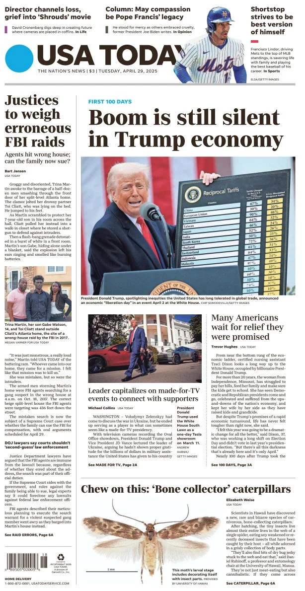 Portada de Usa Today del martes, 29 de abril de 2025
