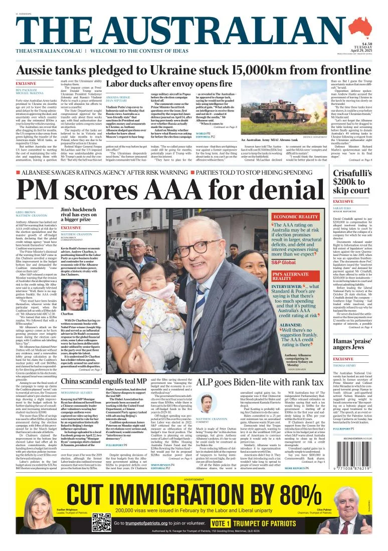 Portada de The Australian del martes, 29 de abril de 2025