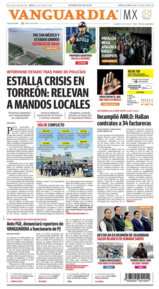 Portada de Vanguardia del martes, 29 de abril de 2025