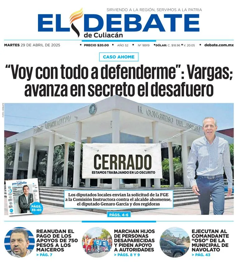 Portada de El Debate de Culiacan del martes, 29 de abril de 2025