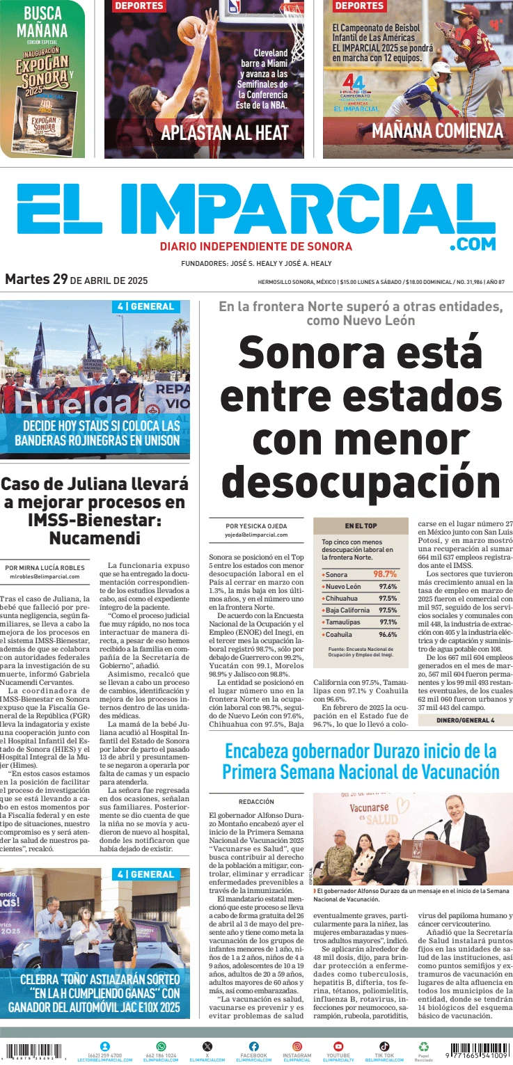 Portada de El Imparcial del martes, 29 de abril de 2025