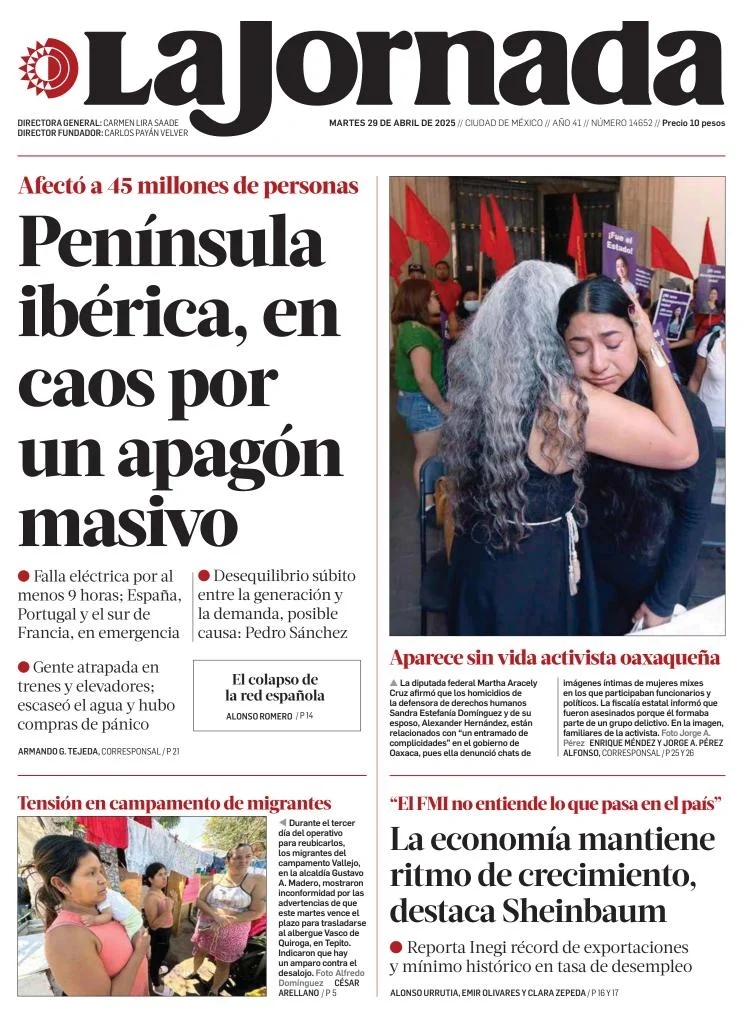 Portada de La Jornada del martes, 29 de abril de 2025