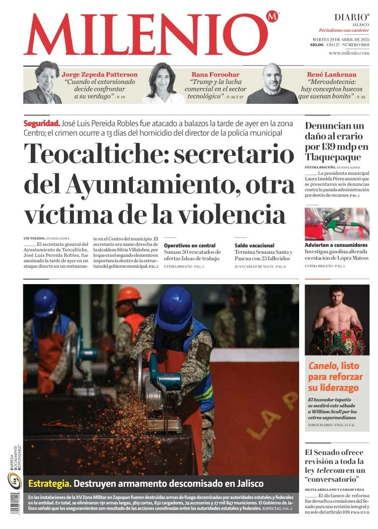 Portada de Milenio Jalisco del martes, 29 de abril de 2025