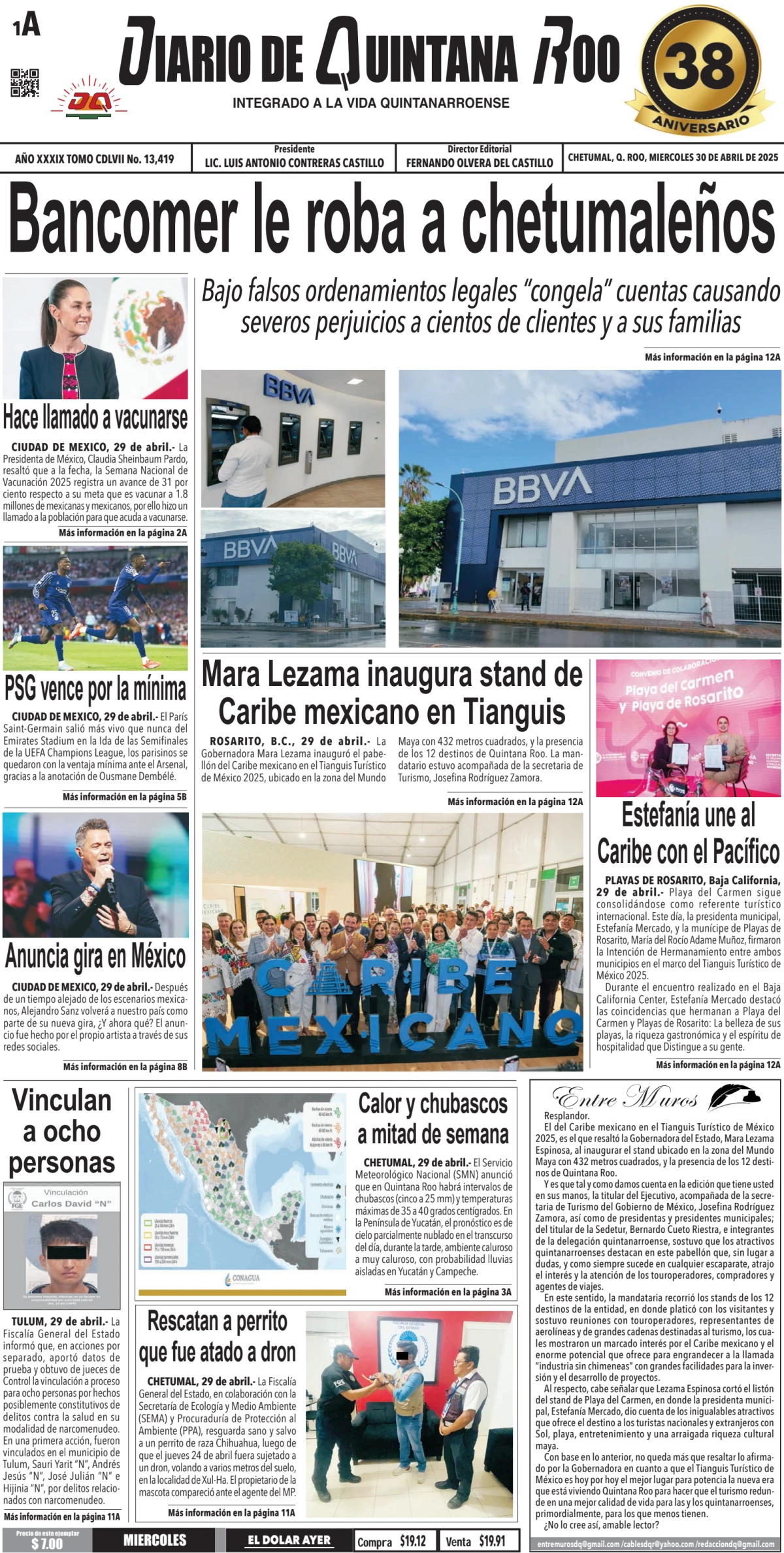 Portada de Diario de Quintana Roo (portada) del miércoles, 30 de abril de 2025