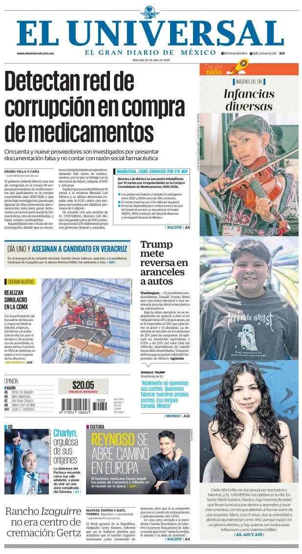 Portada de El Universal del miércoles, 30 de abril de 2025