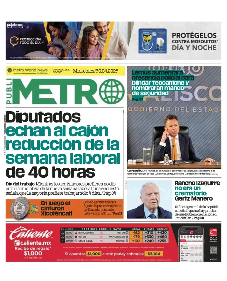 Portada de Publimetro Guadalajara del miércoles, 30 de abril de 2025