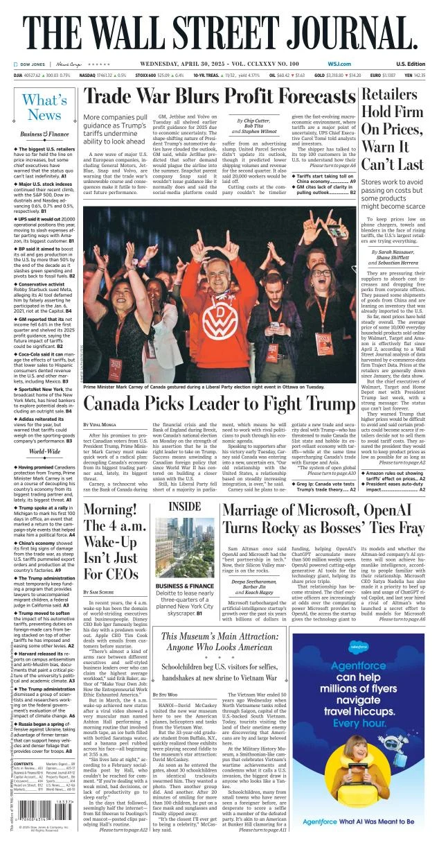 Portada de The Wall Street Journal del miércoles, 30 de abril de 2025