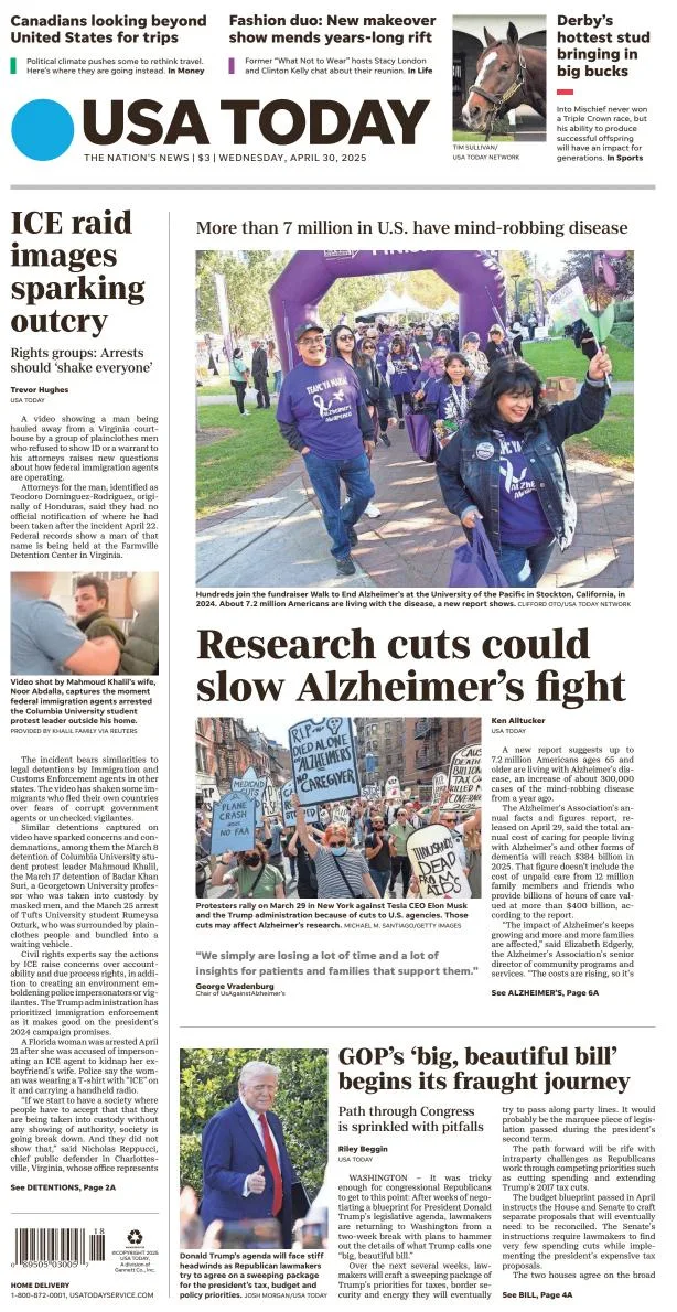 Portada de Usa Today del miércoles, 30 de abril de 2025