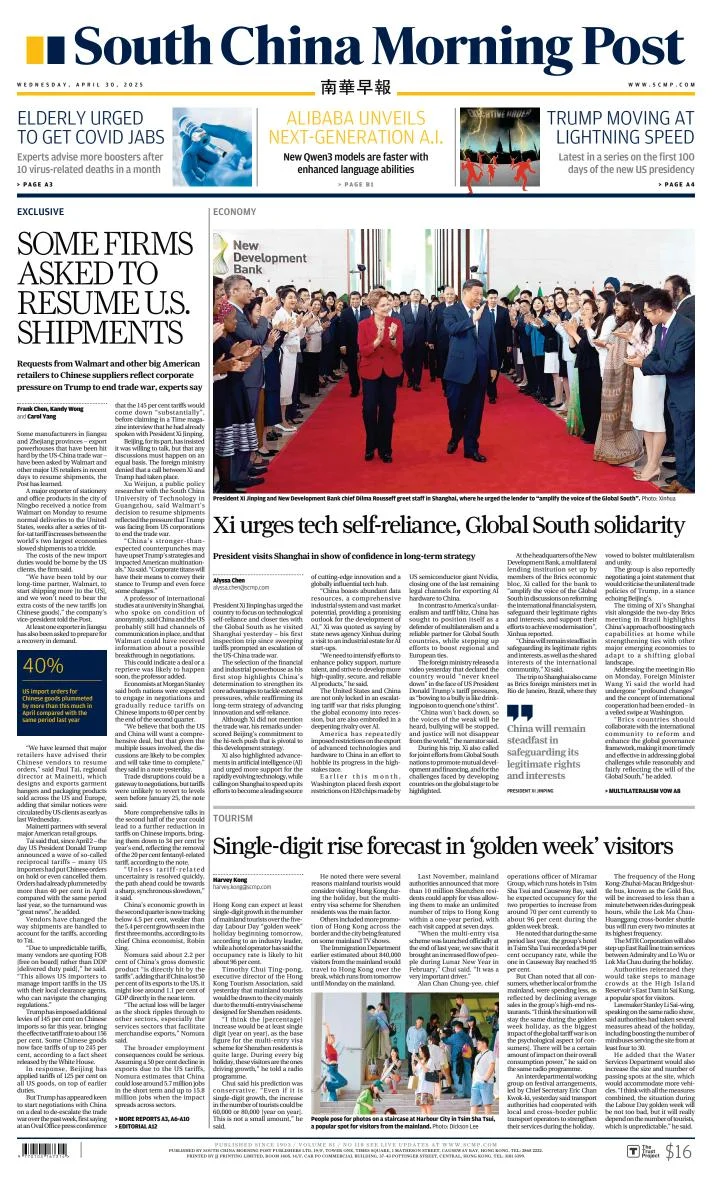 Portada de South China Morning Post del miércoles, 30 de abril de 2025