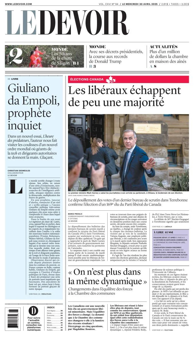 Portada de Le Devoir del miércoles, 30 de abril de 2025