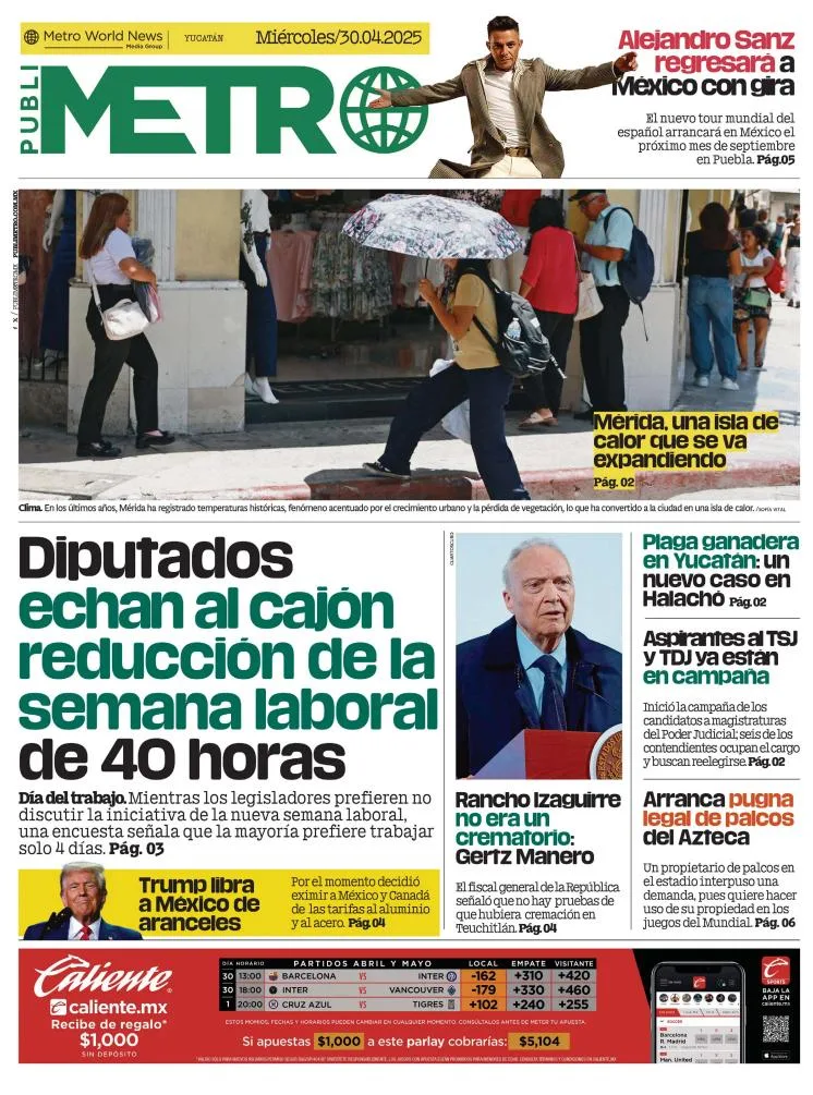 Portada de Publimetro Merida del miércoles, 30 de abril de 2025
