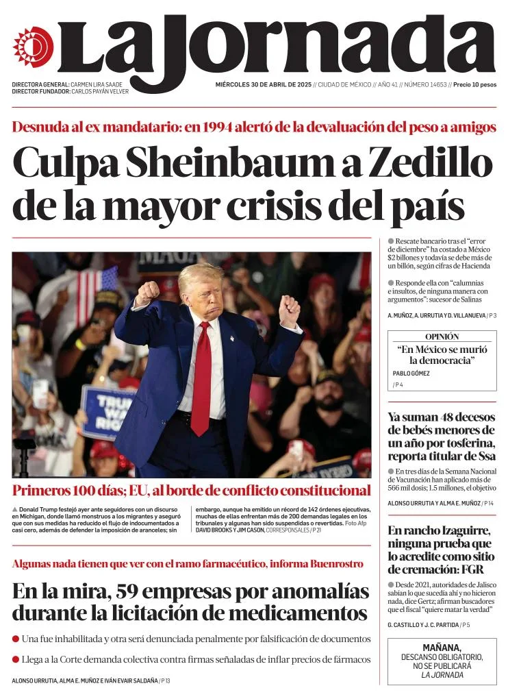 Portada de La Jornada del miércoles, 30 de abril de 2025