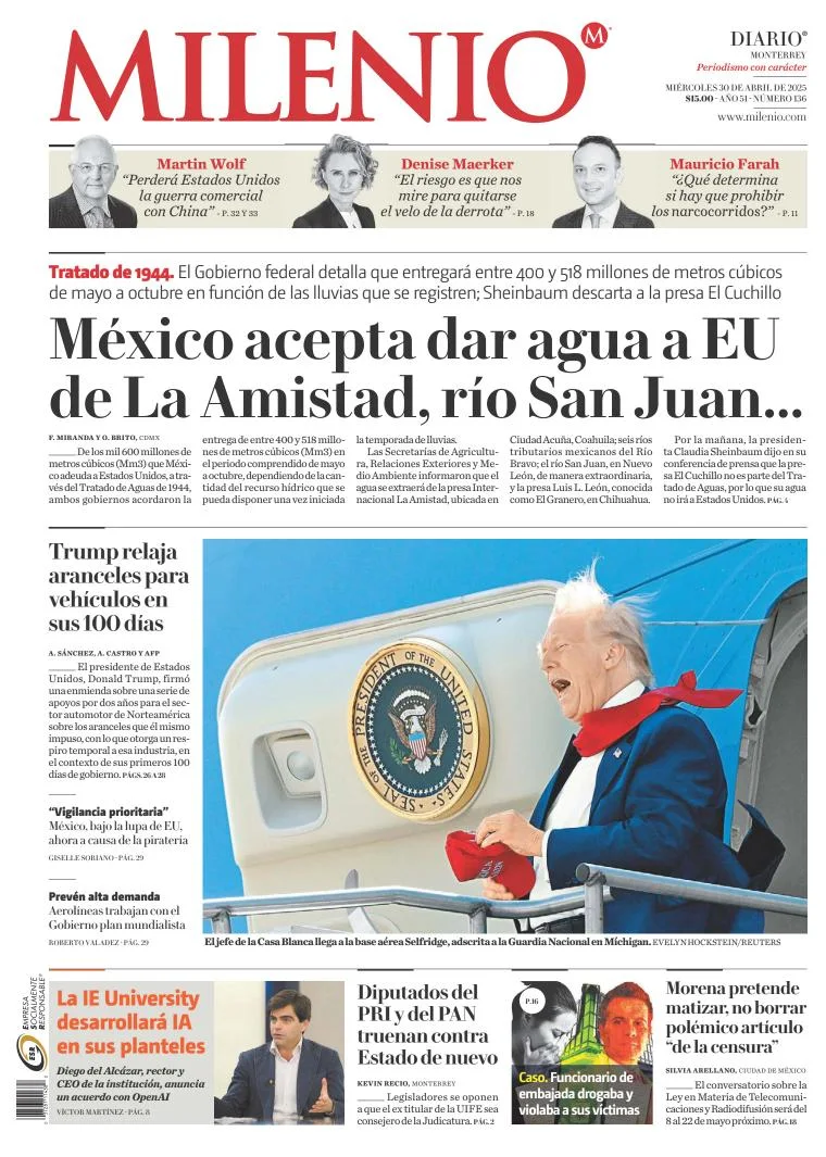 Portada de MILENIO del miércoles, 30 de abril de 2025