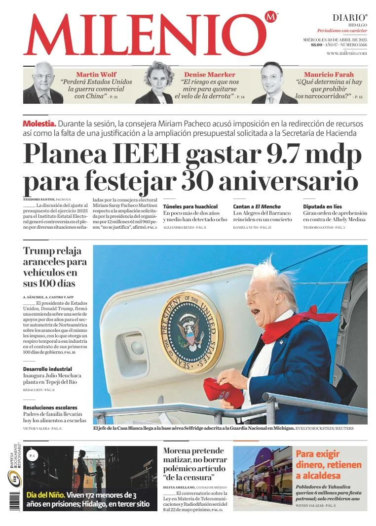 Portada de Milenio Hidalgo del miércoles, 30 de abril de 2025