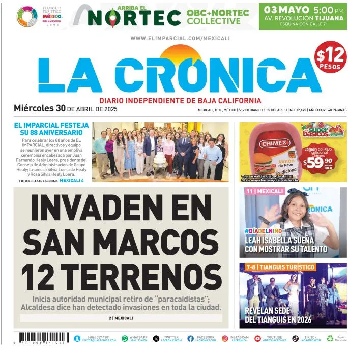 Portada de La Cronica del miércoles, 30 de abril de 2025