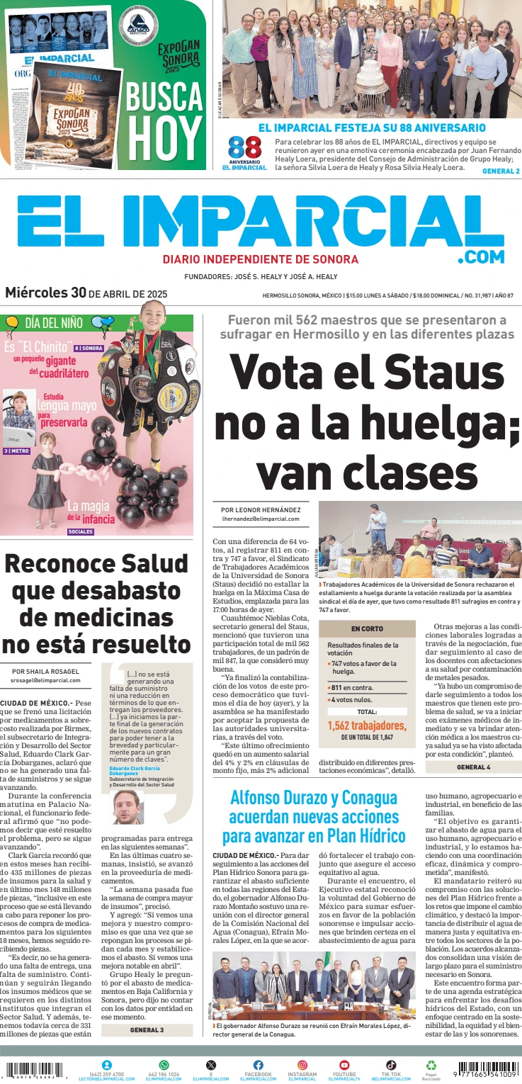 Portada de El Imparcial del miércoles, 30 de abril de 2025