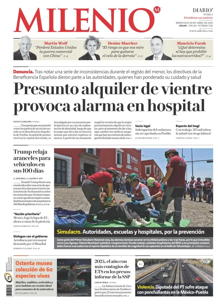 Portada de Milenio Puebla del miércoles, 30 de abril de 2025