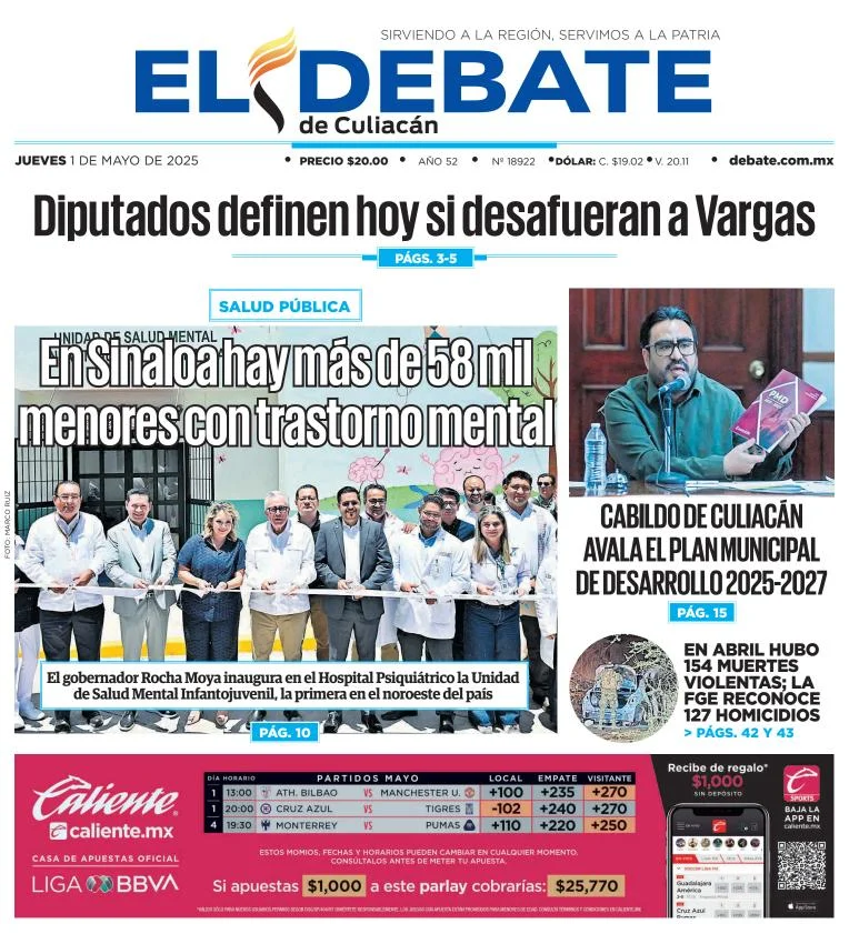 Portada de El Debate de Culiacan del jueves, 1 de mayo de 2025