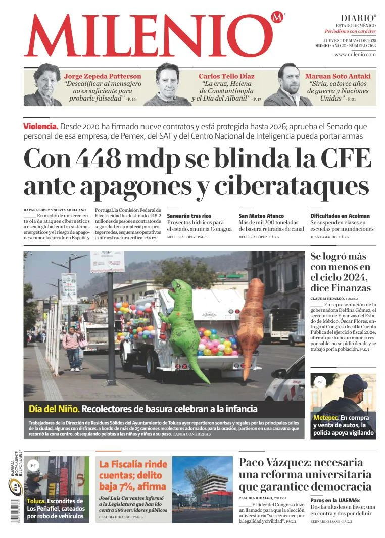 Portada de Milenio Edo de Mexico del jueves, 1 de mayo de 2025