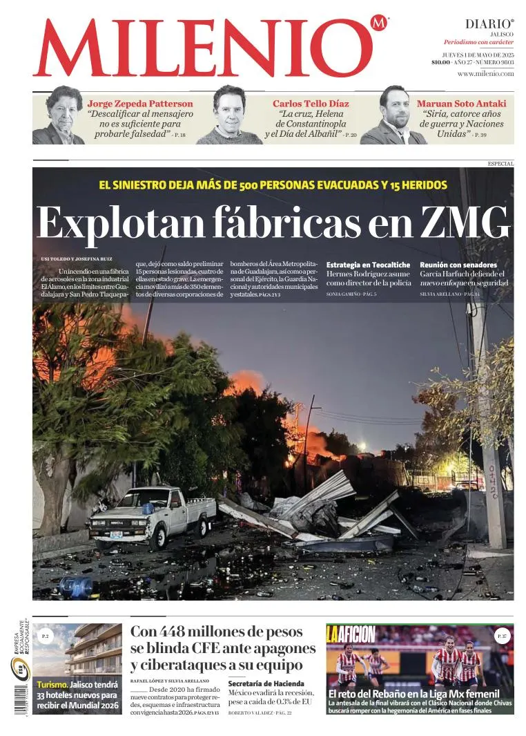 Portada de Milenio Jalisco del jueves, 1 de mayo de 2025