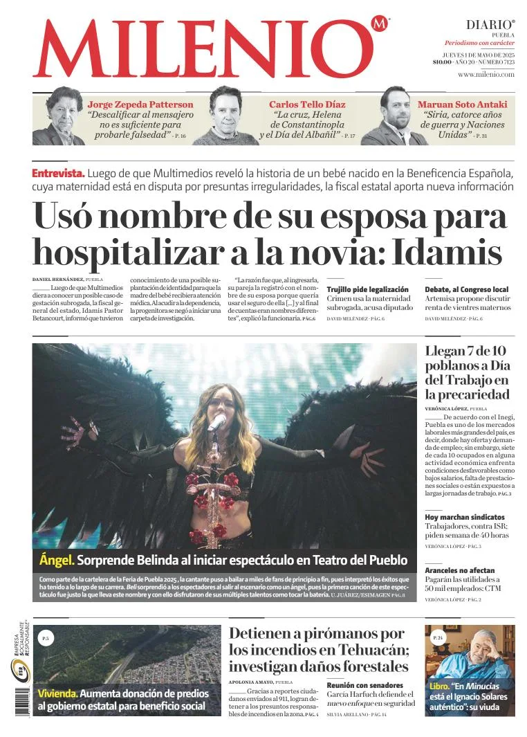 Portada de Milenio Puebla del jueves, 1 de mayo de 2025