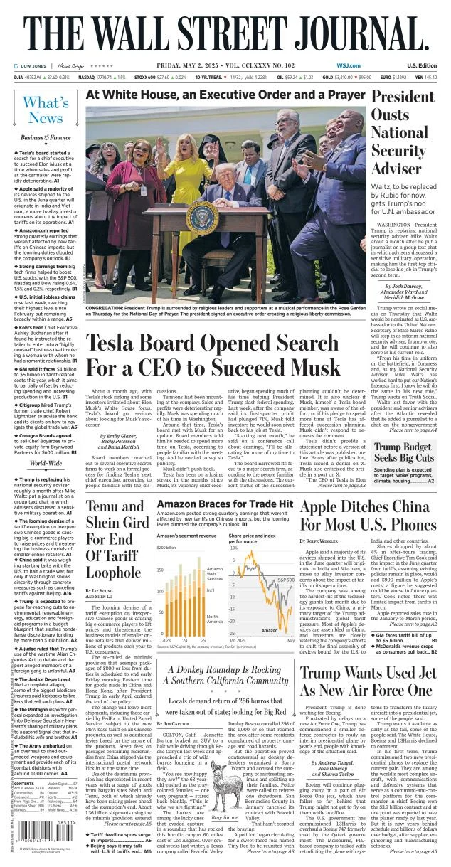 Portada de The Wall Street Journal del viernes, 2 de mayo de 2025