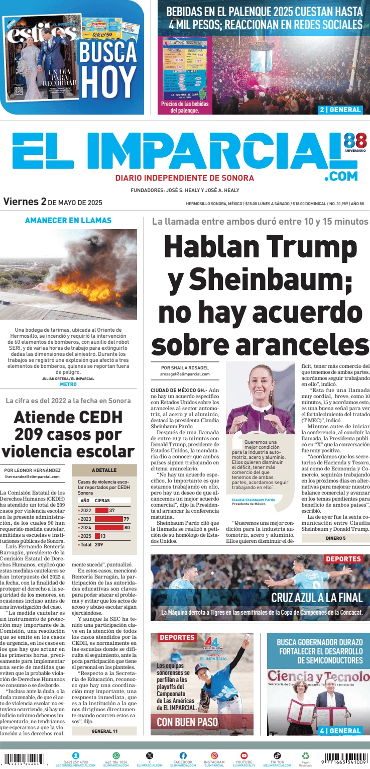Portada de El Imparcial del viernes, 2 de mayo de 2025
