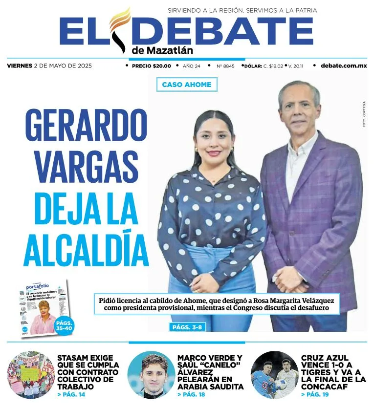 Portada de El Debate de Mazatlan del viernes, 2 de mayo de 2025