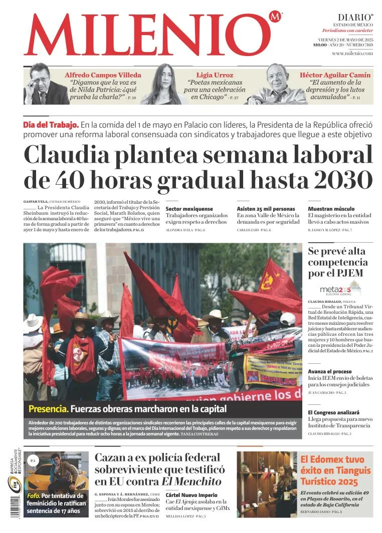 Portada de Milenio Edo de Mexico del viernes, 2 de mayo de 2025