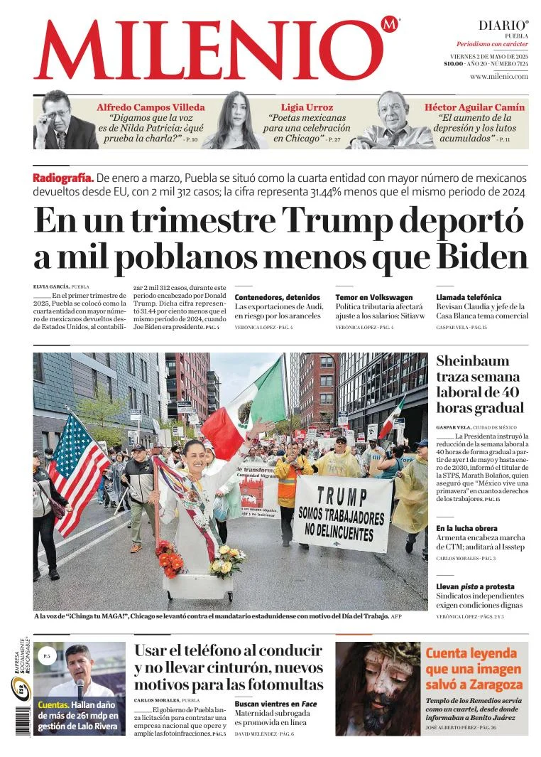 Portada de Milenio Puebla del viernes, 2 de mayo de 2025