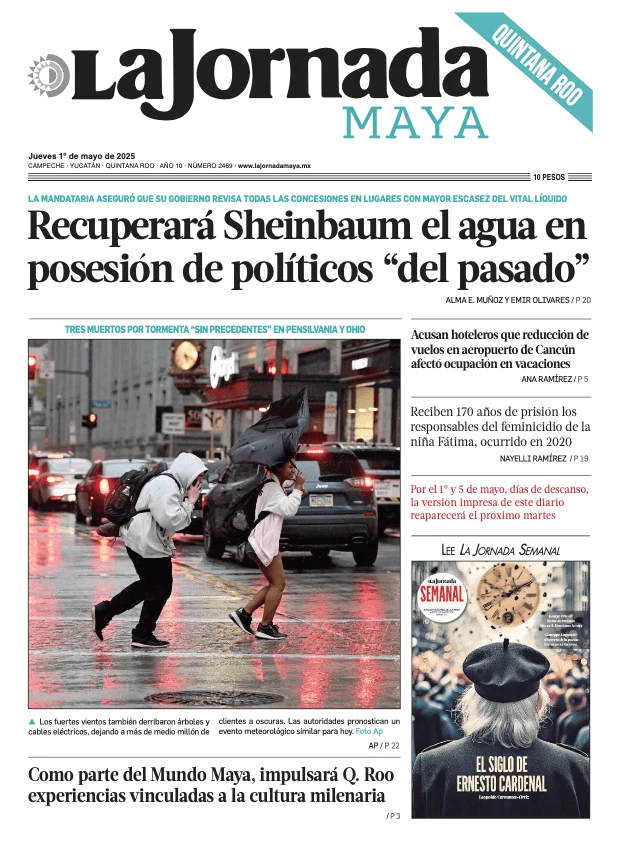 Portada de La Jornada Maya Quintana Roo del jueves, 1 de mayo de 2025