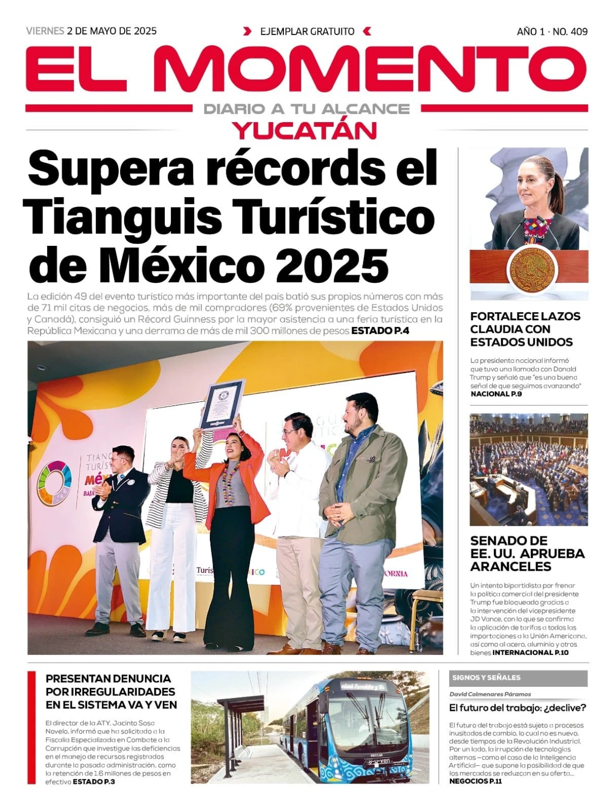 Portada de El Momento Yucatan del viernes, 2 de mayo de 2025
