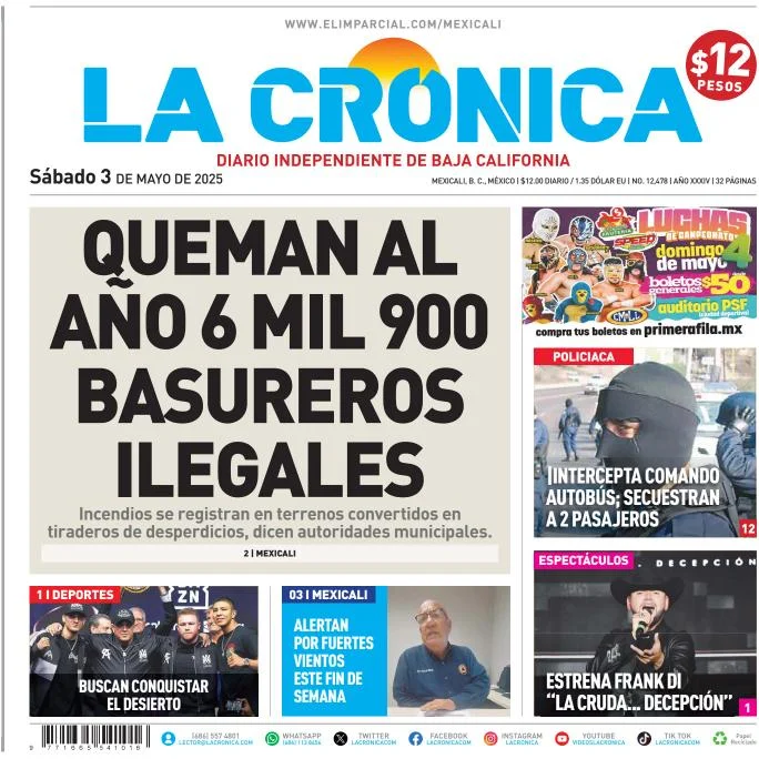 Portada de La Cronica del sábado, 3 de mayo de 2025