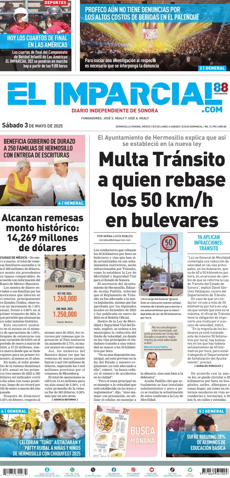 Portada de El Imparcial del sábado, 3 de mayo de 2025