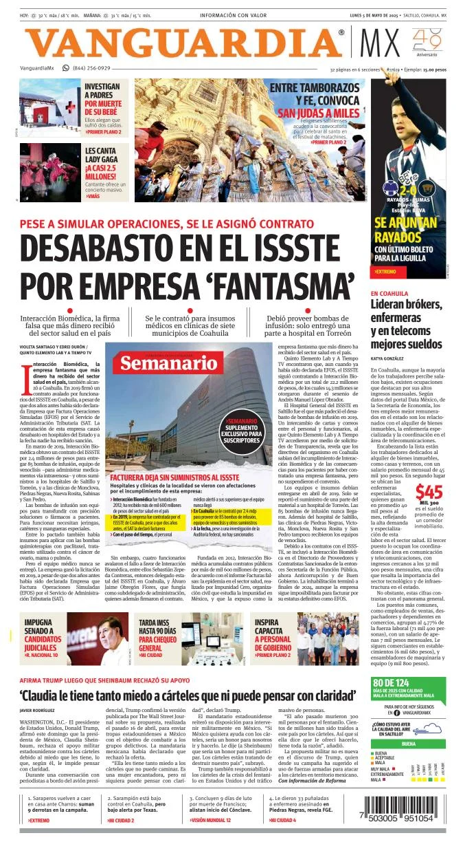 Portada de Vanguardia del lunes, 5 de mayo de 2025