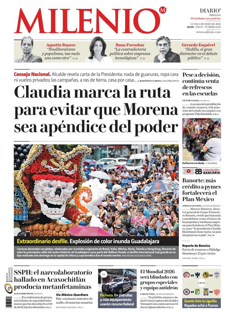 Portada de Milenio Hidalgo del lunes, 5 de mayo de 2025