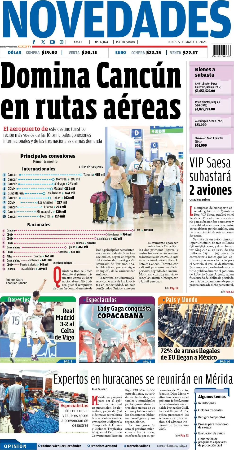 Portada de Novedades Quintana Roo del lunes, 5 de mayo de 2025