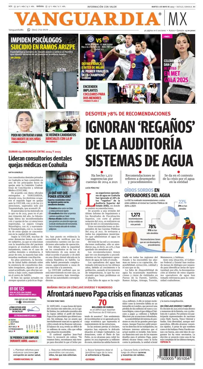 Portada de Vanguardia del martes, 6 de mayo de 2025