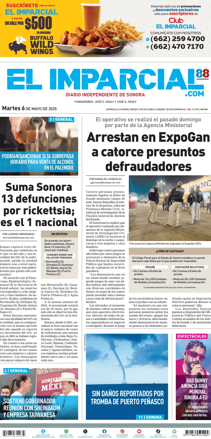 Portada de El Imparcial del martes, 6 de mayo de 2025