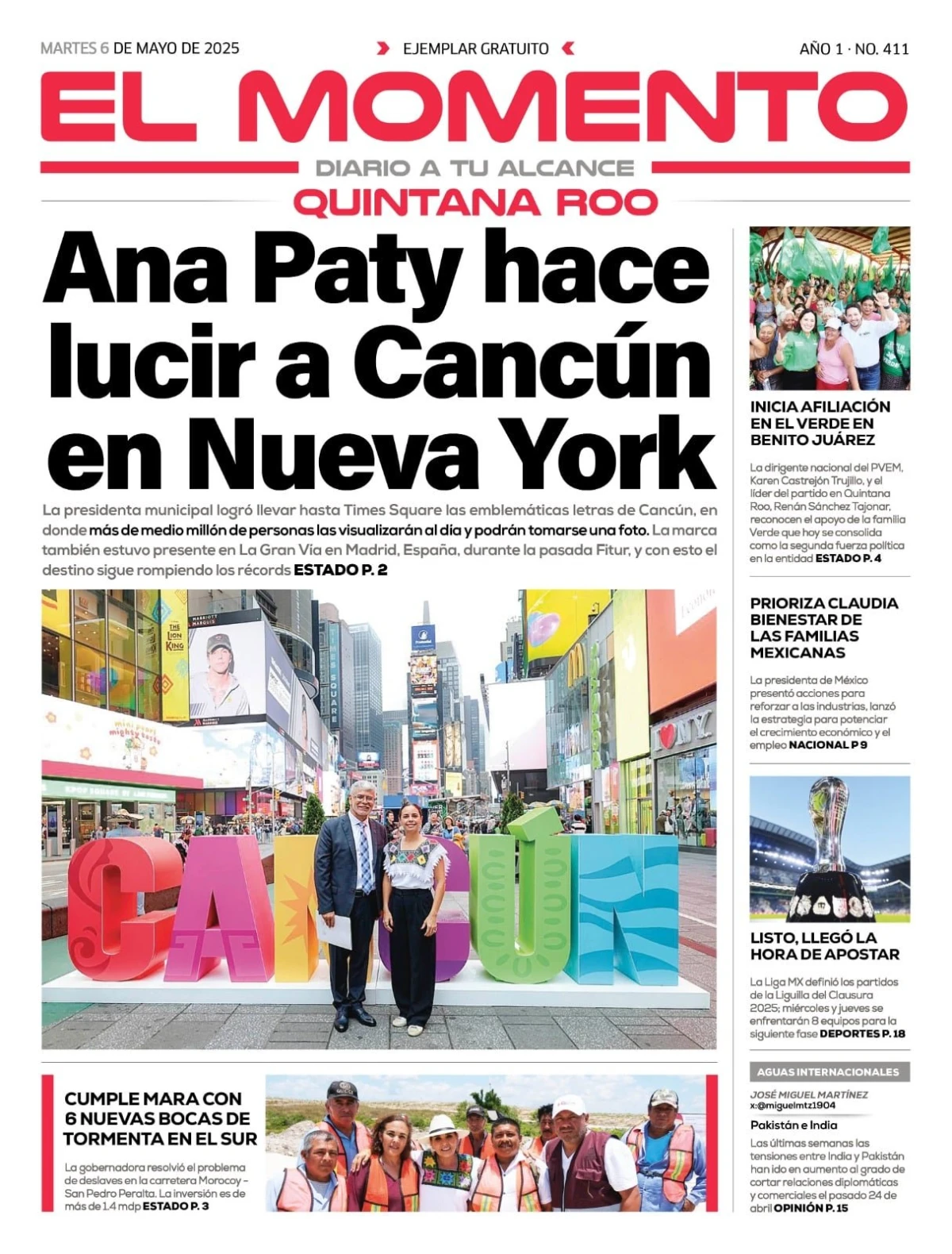 Portada de El Momento Quintana Roo del martes, 6 de mayo de 2025