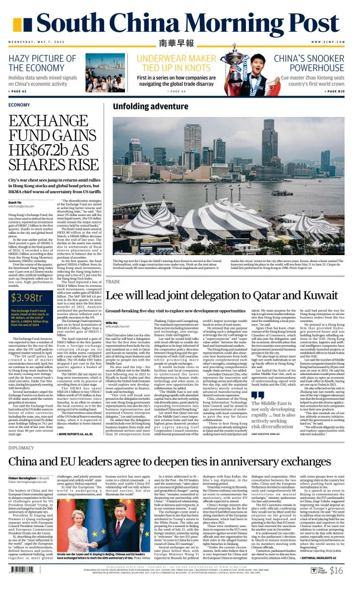 Portada de South China Morning Post del miércoles, 7 de mayo de 2025